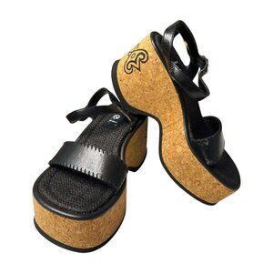 Vintage Y2k L.E.I platform cork sandals with tattoo design on back of heel